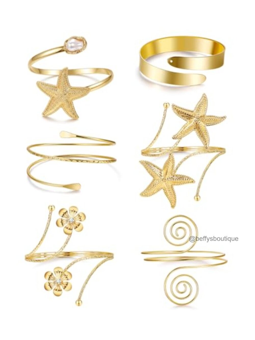 6Pc Boho Arm Cuff Bracelet Set Starfish Flower Adjustable Stackable